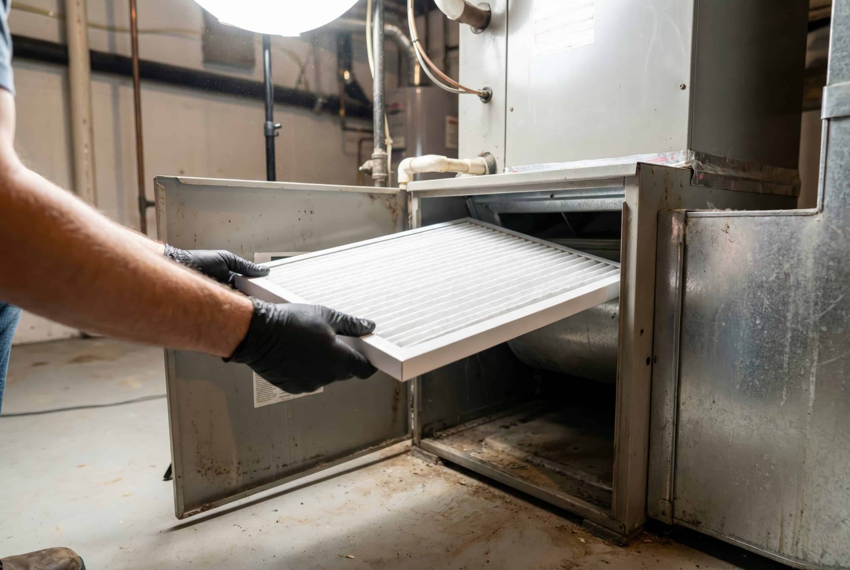 Technician wearing gloves replacing air filter in home HVAC furnace system