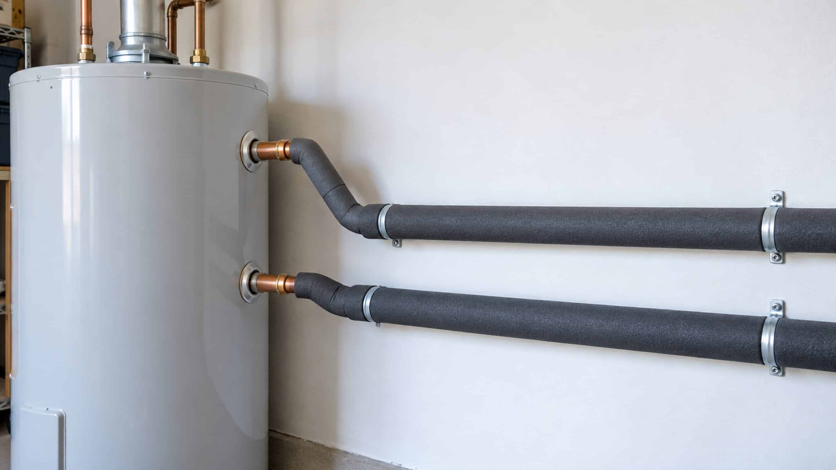 Insulated water pipes connected to residential water heater